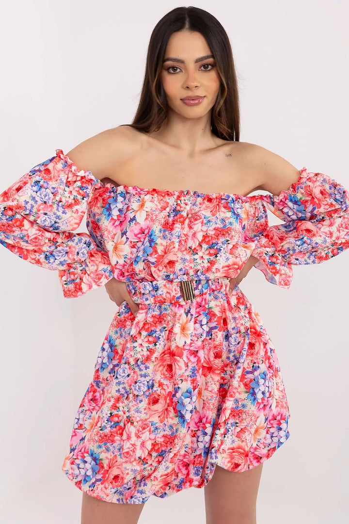 Floral Summer Dress – Flared Cut, Spanish-Style Neckline & Adjustable Belt - Ludowika 