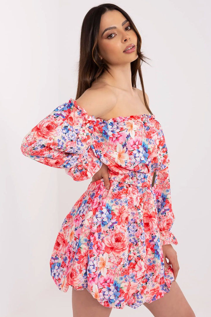 Floral Summer Dress – Flared Cut, Spanish-Style Neckline & Adjustable Belt - Ludowika 