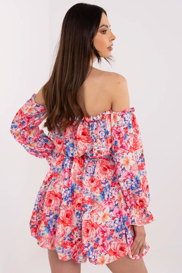 Floral Summer Dress – Flared Cut, Spanish-Style Neckline & Adjustable Belt - Ludowika 
