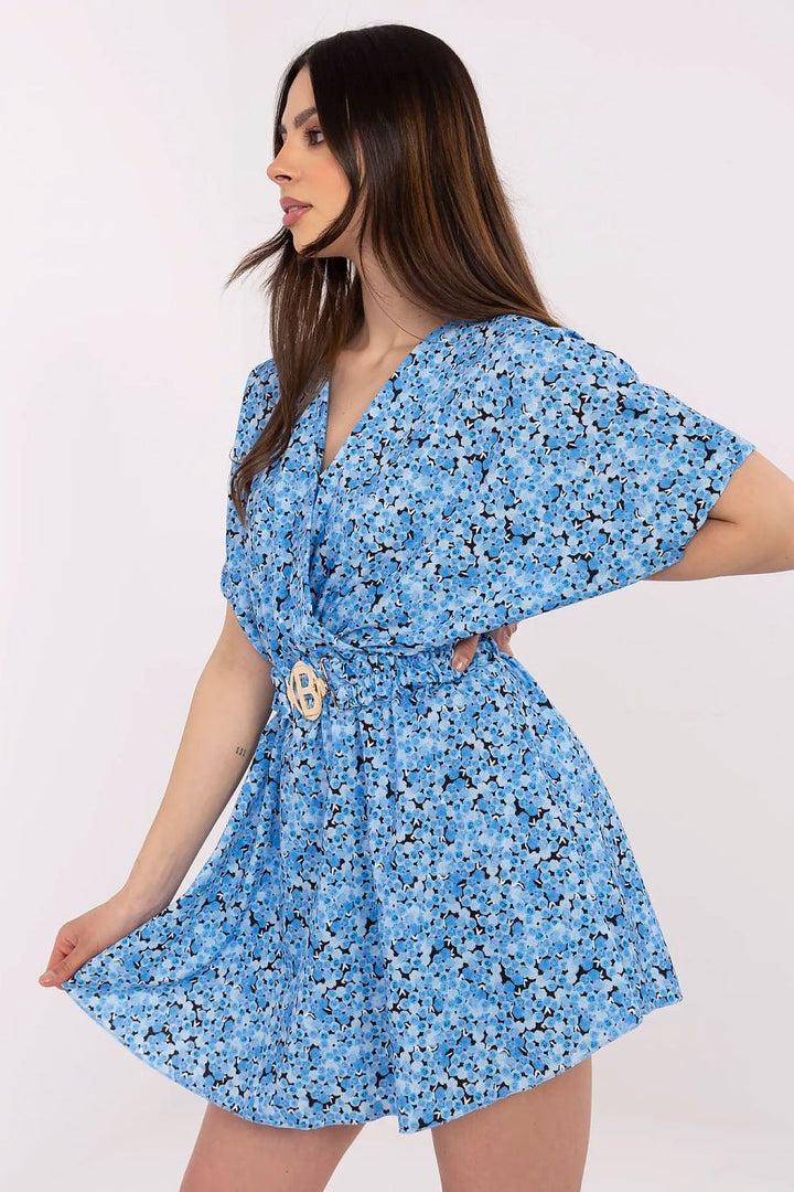 Floral Women's Jumpsuit – Wrap Neckline, Skirt Overlay & Adjustable Belt - Ludowika 