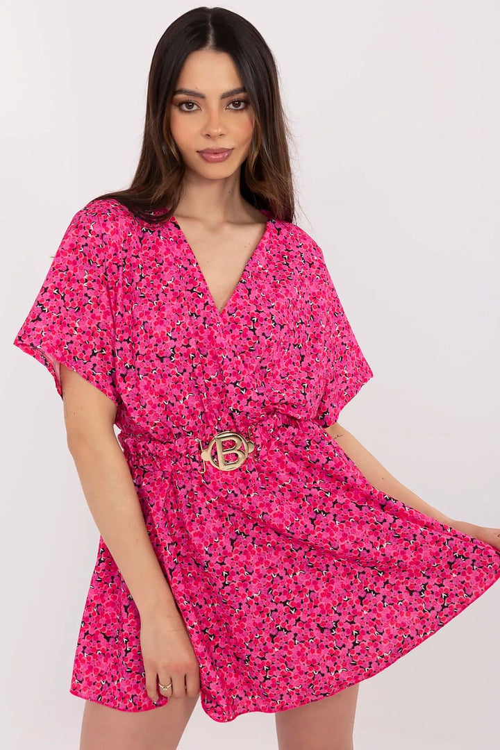 Floral Women's Jumpsuit – Wrap Neckline, Skirt Overlay & Adjustable Belt - Ludowika 