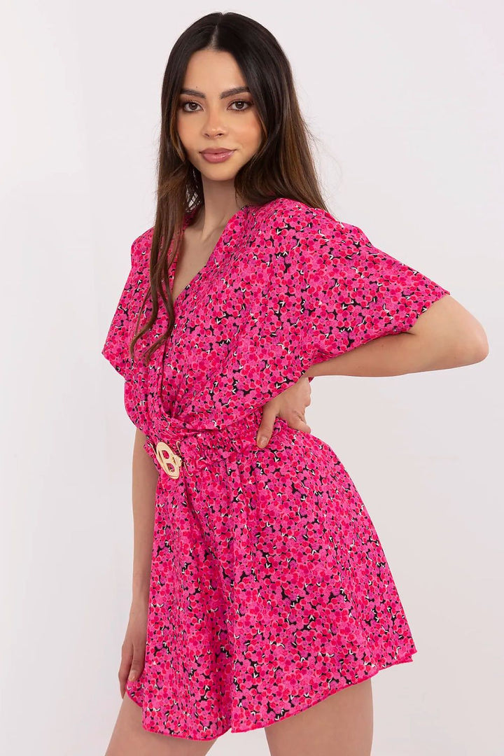 Floral Women's Jumpsuit – Wrap Neckline, Skirt Overlay & Adjustable Belt - Ludowika 