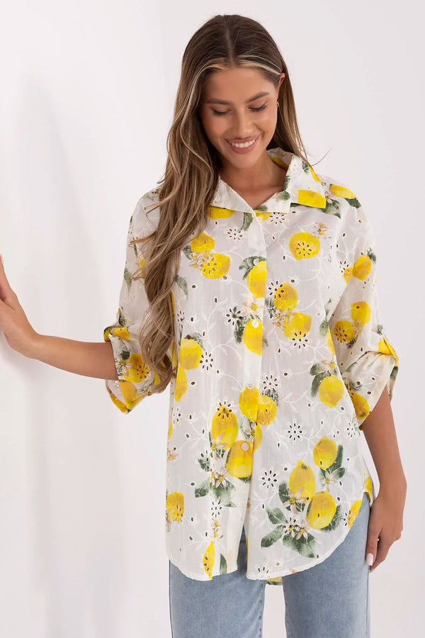 Lemon Embroidered Cotton Shirt – Breezy Summer Style with 3/4 Sleeves - Ludowika 