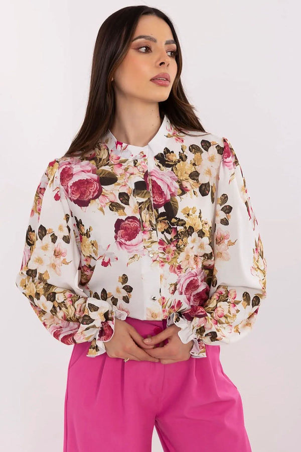 Romantic Elegance Floral Puff-Sleeve Shirt with Stand Collar - Ludowika 