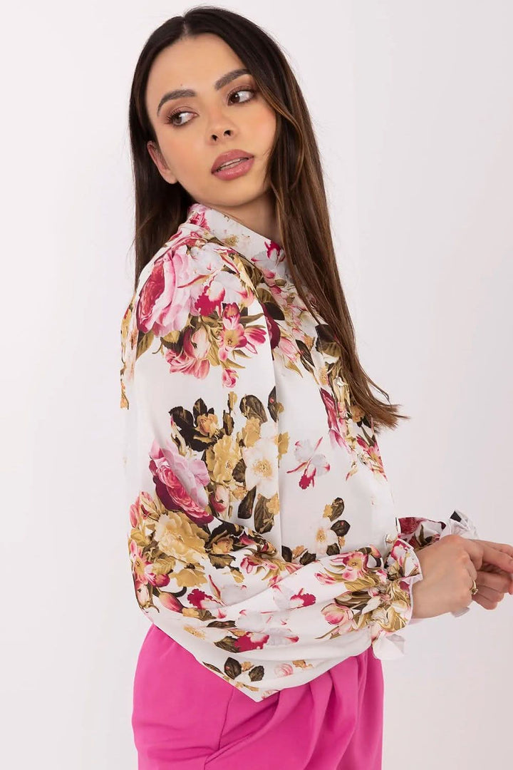 Romantic Elegance Floral Puff-Sleeve Shirt with Stand Collar - Ludowika 