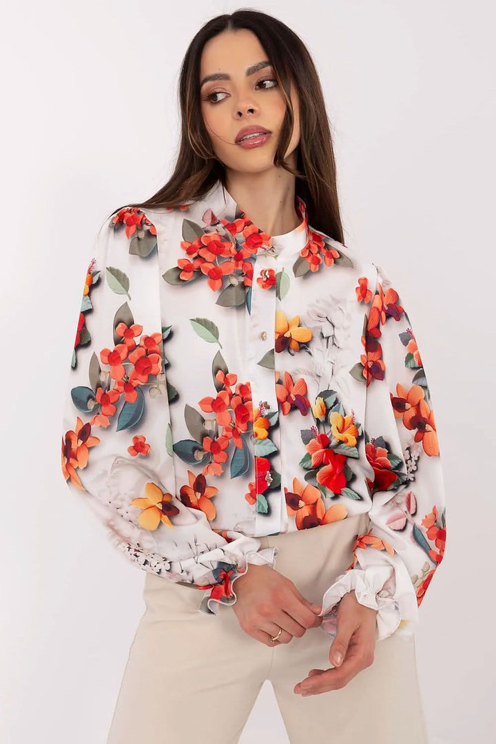 Romantic Elegance Floral Puff-Sleeve Shirt with Stand Collar - Ludowika 