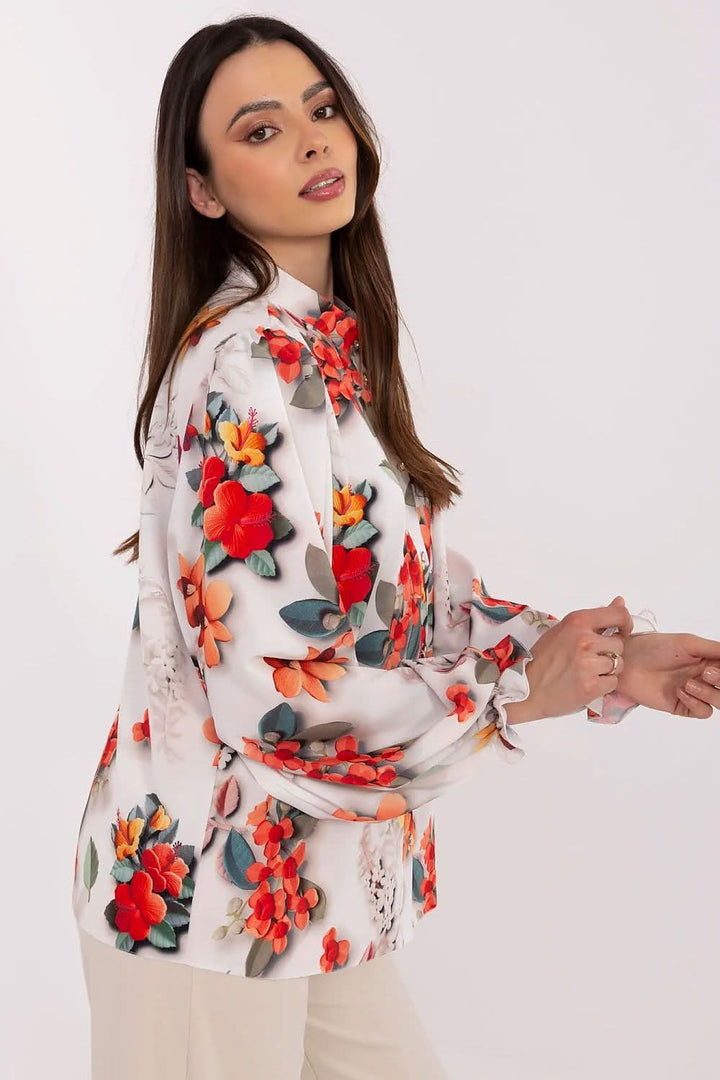 Romantic Elegance Floral Puff-Sleeve Shirt with Stand Collar - Ludowika 