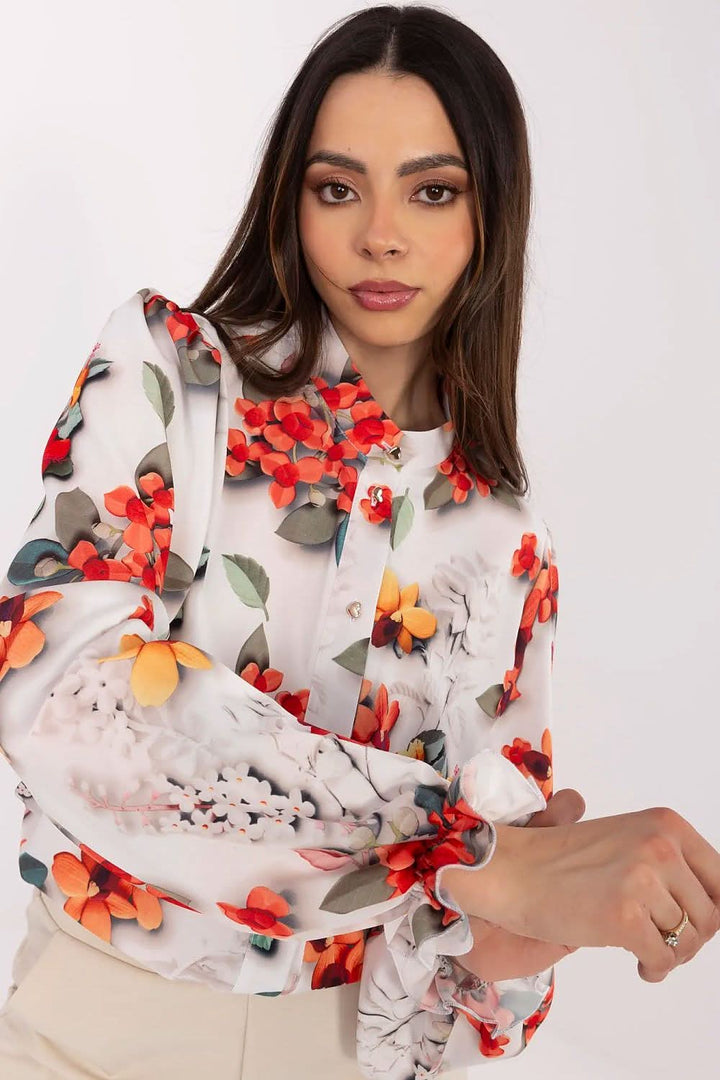Romantic Elegance Floral Puff-Sleeve Shirt with Stand Collar - Ludowika 
