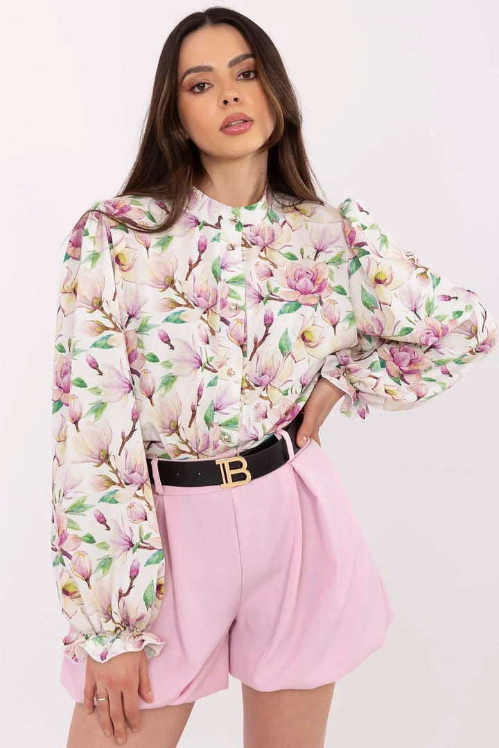 Romantic Elegance Floral Puff-Sleeve Shirt with Stand Collar - Ludowika 