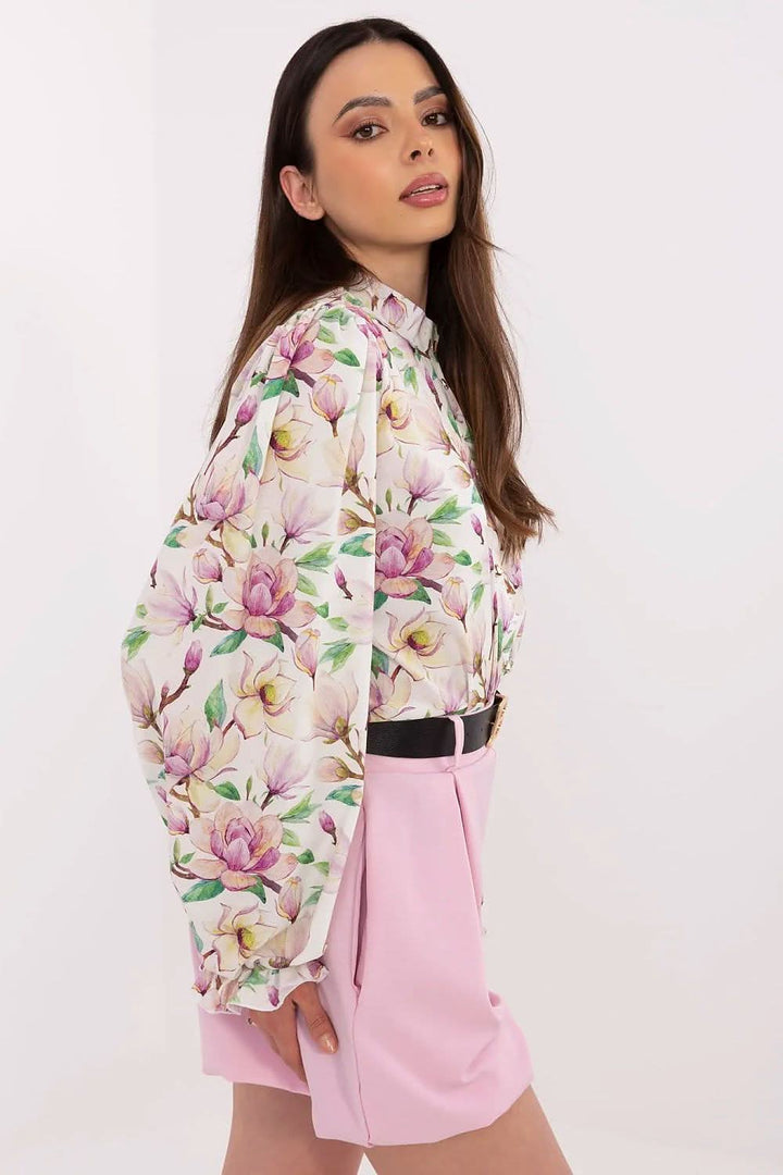 Romantic Elegance Floral Puff-Sleeve Shirt with Stand Collar - Ludowika 