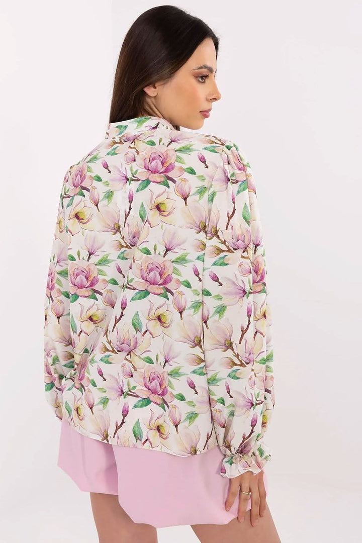 Romantic Elegance Floral Puff-Sleeve Shirt with Stand Collar - Ludowika 