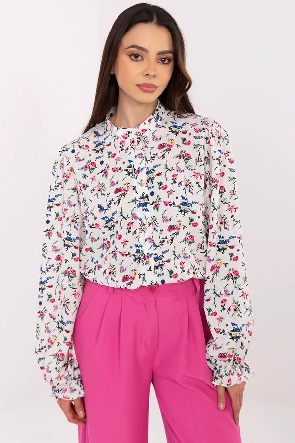 Elegant Floral Puff-Sleeve Shirt with Stand Collar - Ludowika 