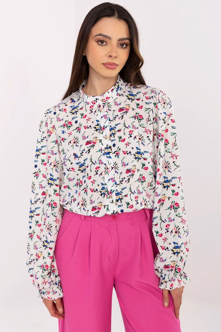 Elegant Floral Puff-Sleeve Shirt with Stand Collar - Ludowika 