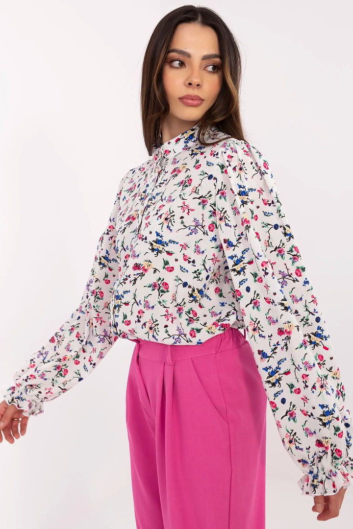Elegant Floral Puff-Sleeve Shirt with Stand Collar - Ludowika 