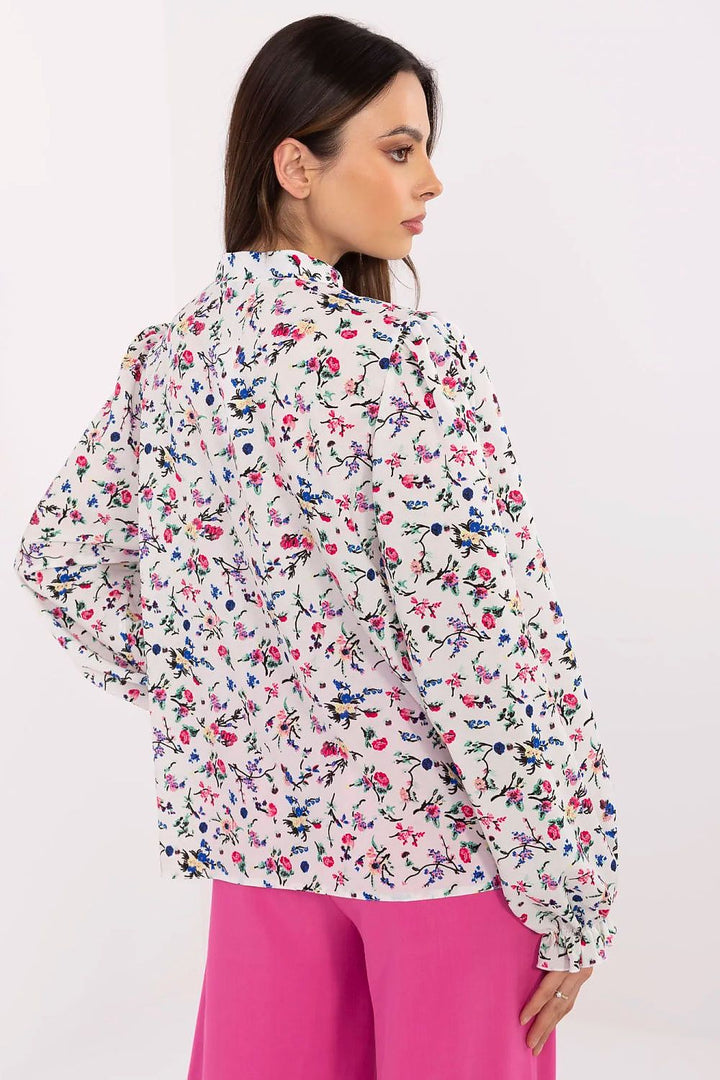 Elegant Floral Puff-Sleeve Shirt with Stand Collar - Ludowika 