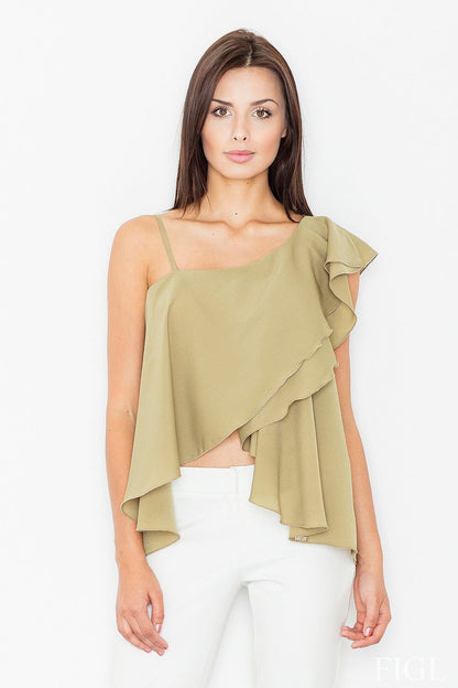 Extraordinary Frilled Blouse with Asymmetric Design