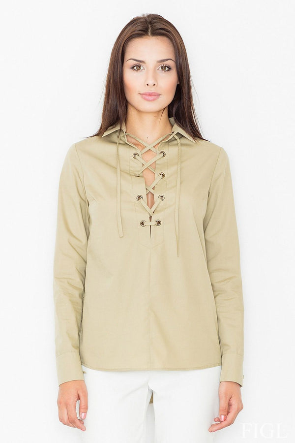 Long Sleeve Blouse with Deep Intertwined Neckline
