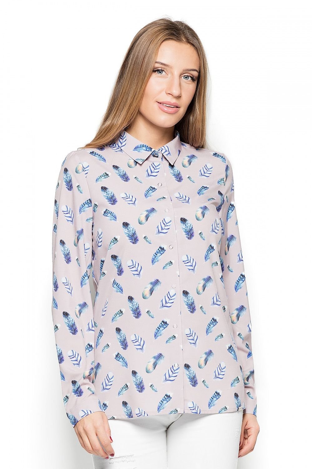 Women's Long-Sleeve Feather-Patterned Shirt with Press Studs