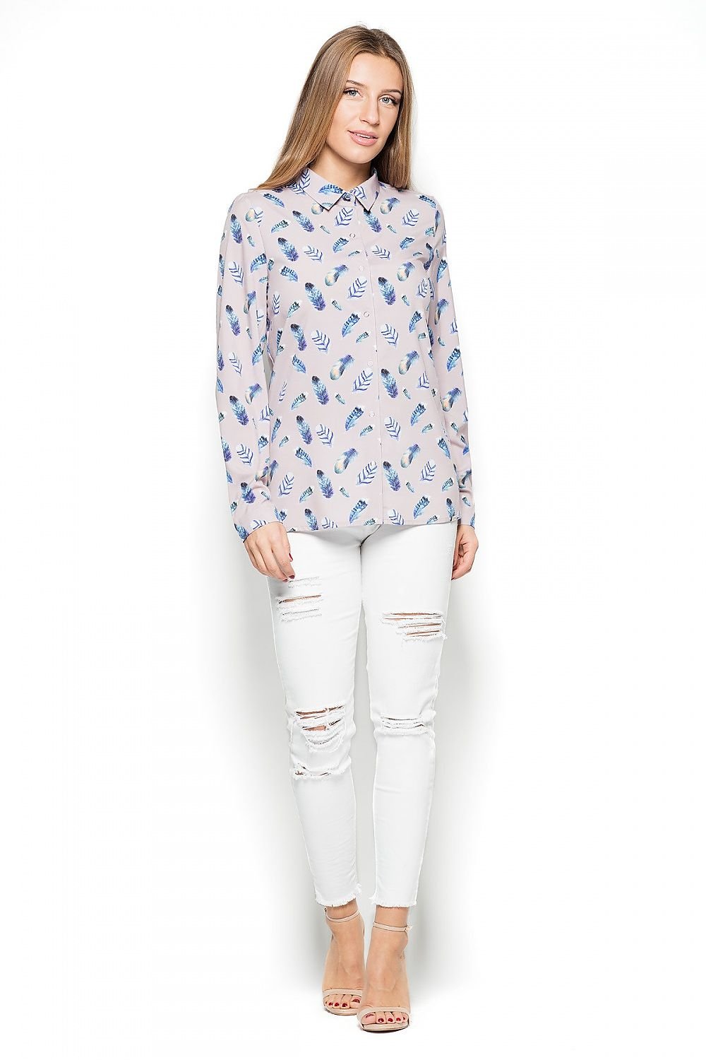 Women's Long-Sleeve Feather-Patterned Shirt with Press Studs