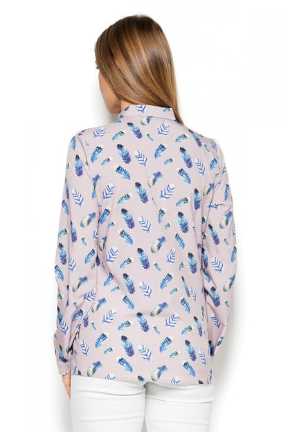 Women's Long-Sleeve Feather-Patterned Shirt with Press Studs