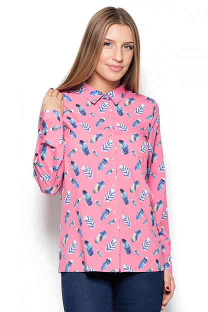 Women's Long-Sleeve Feather-Patterned Shirt with Press Studs