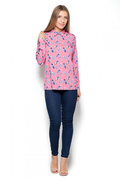 Women's Long-Sleeve Feather-Patterned Shirt with Press Studs