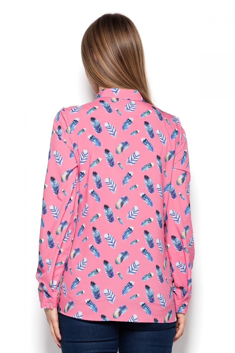 Women's Long-Sleeve Feather-Patterned Shirt with Press Studs