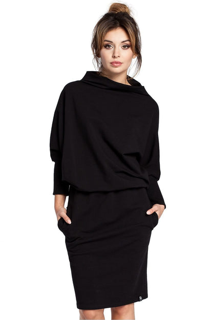 Kimono Dress with Ribbed Sleeves, High Neckline, and Side Pockets