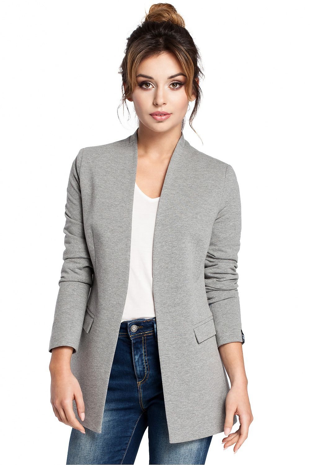 Unique Unbuttoned Knit Jacket with Elegant Collar and Concealed Pocket Flaps