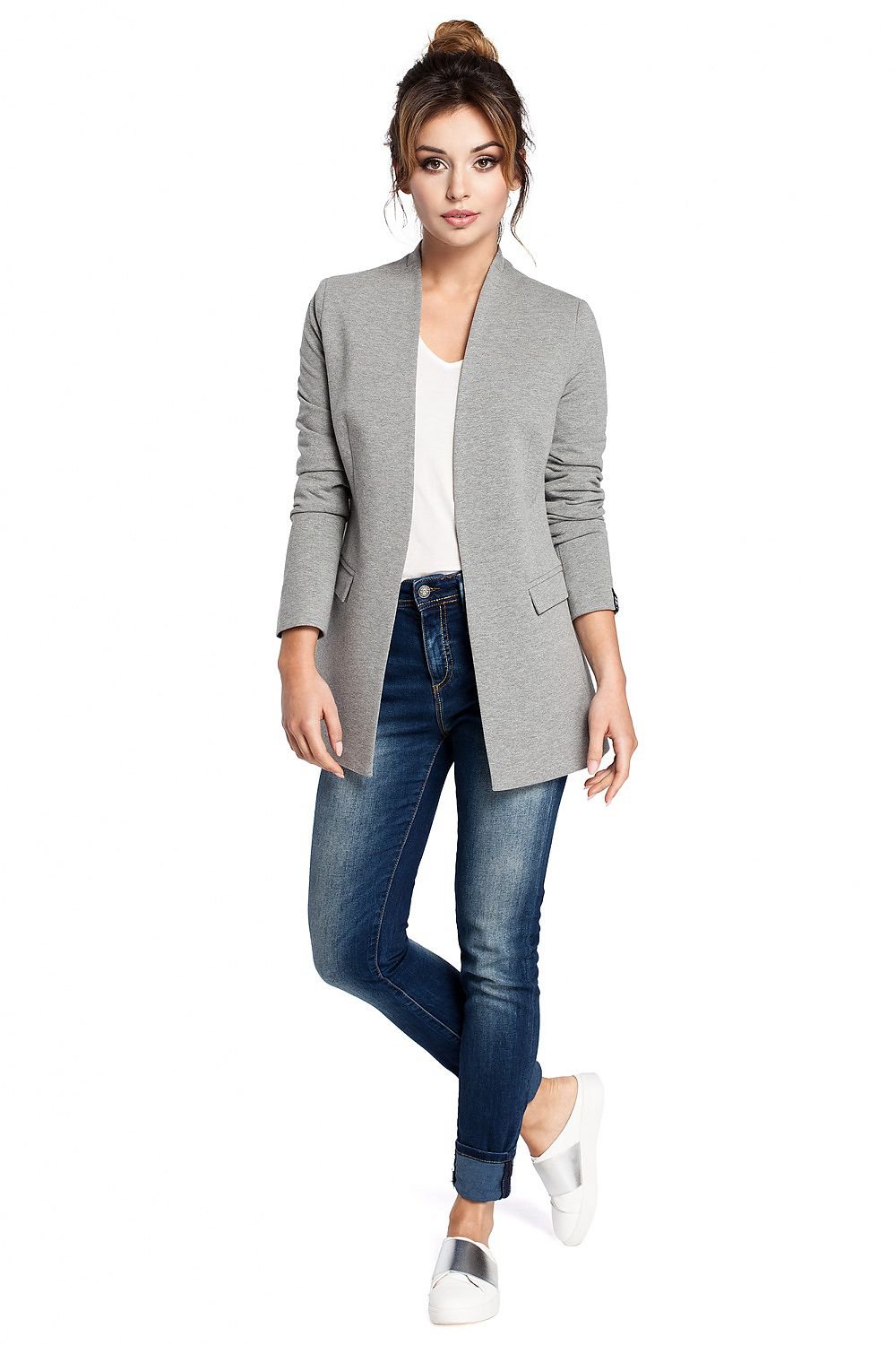 Unique Unbuttoned Knit Jacket with Elegant Collar and Concealed Pocket Flaps