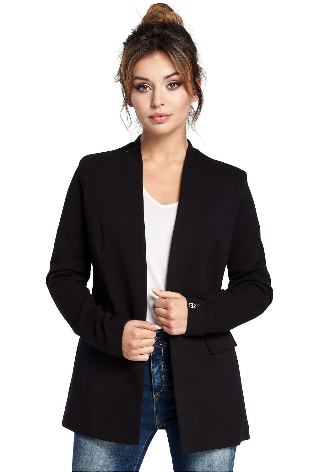 Unique Unbuttoned Knit Jacket with Elegant Collar and Concealed Pocket Flaps