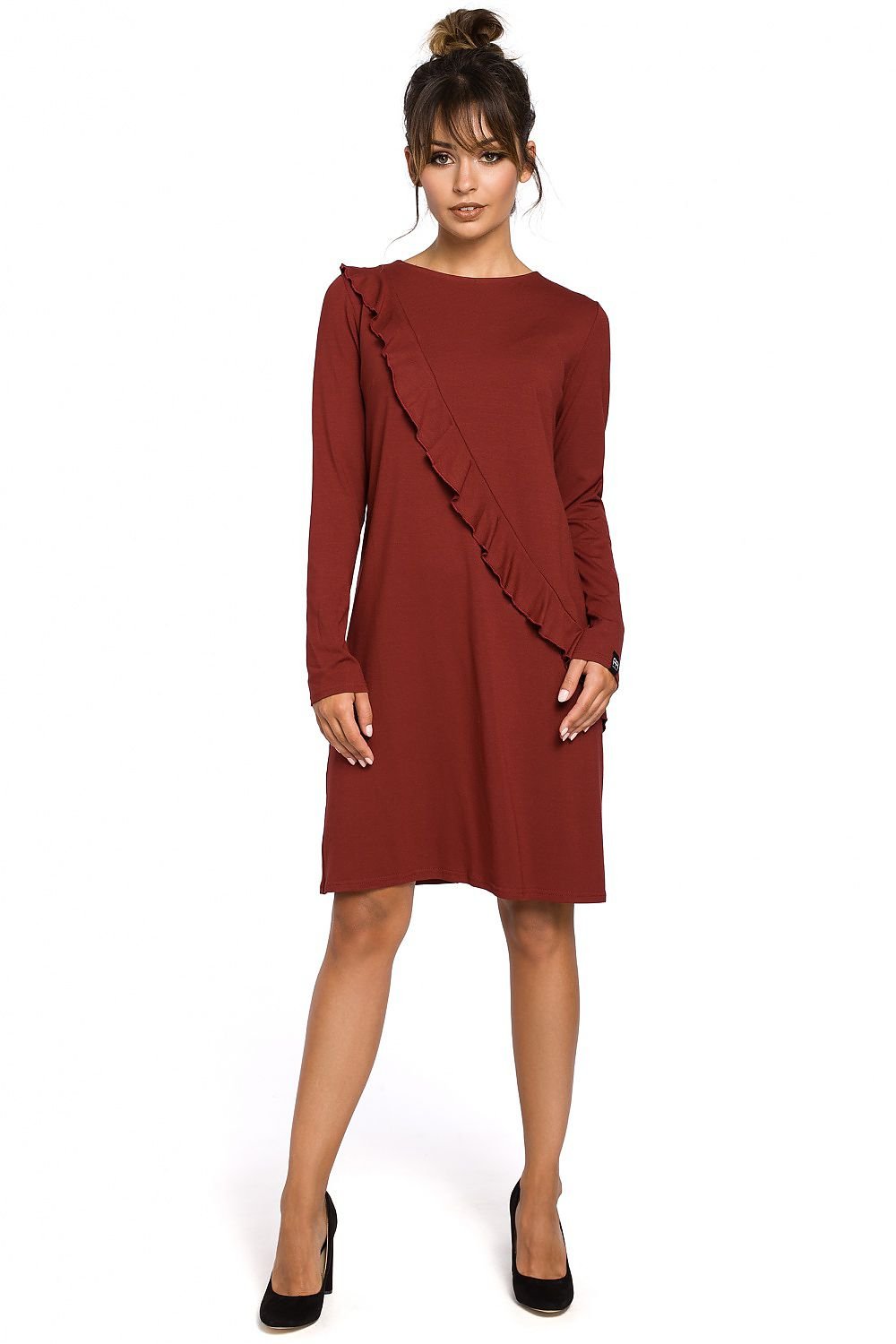 Comfortable Shirt Dress with Decorative Frill and Long Sleeves