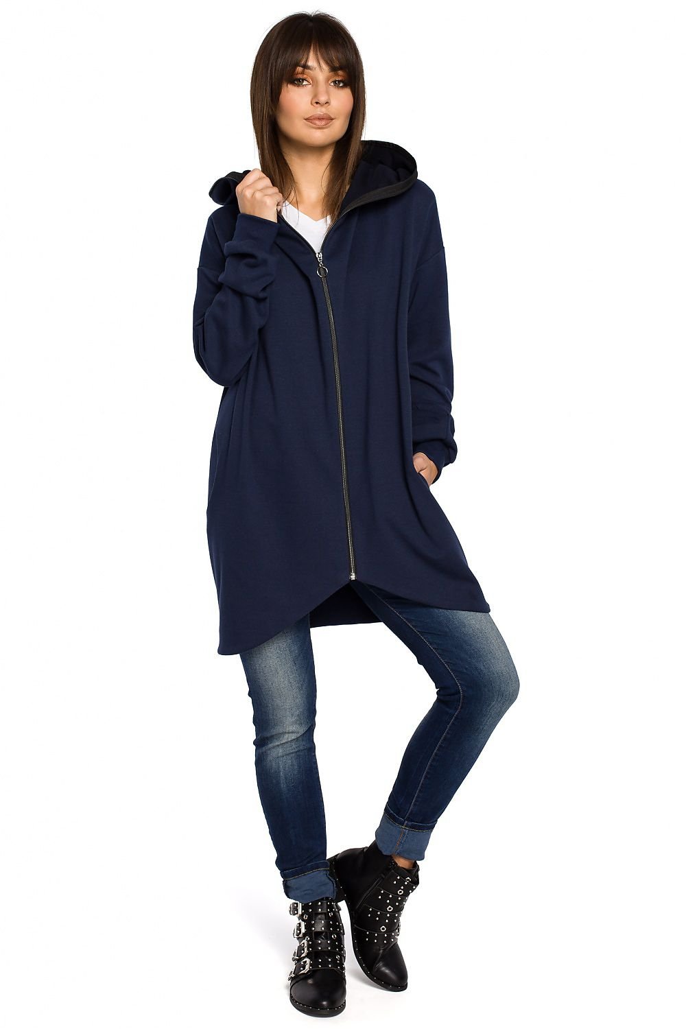 Oversized Zip-Up Sweatshirt with Large Hood, Side Pockets, and Drawstring Hem