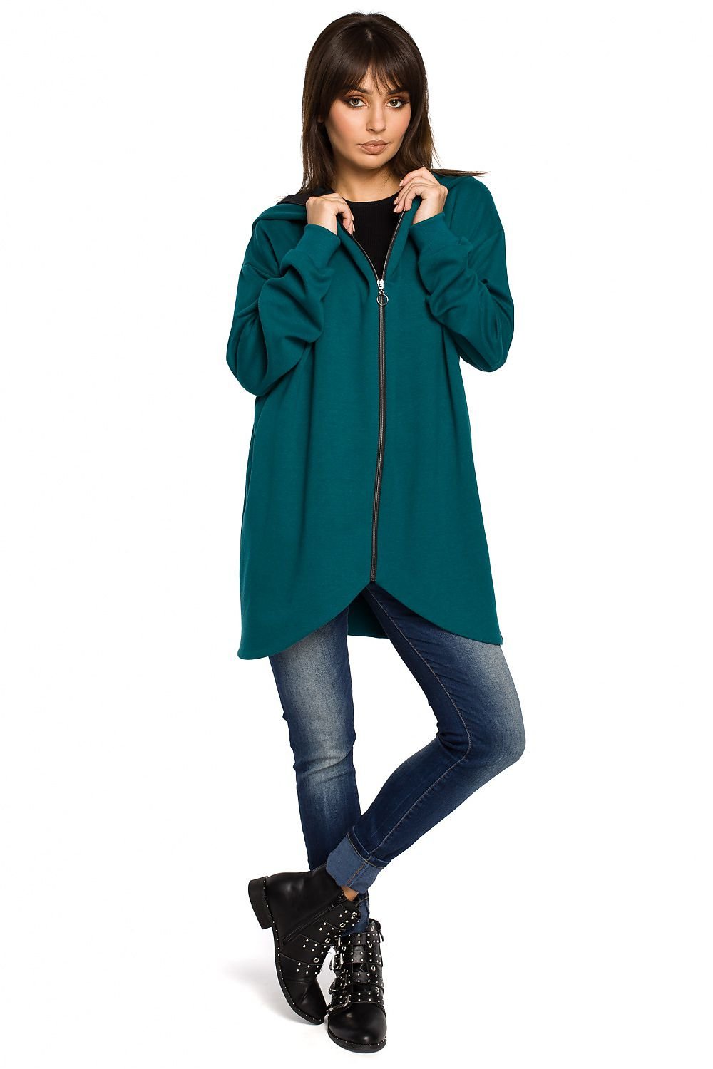 Oversized Zip-Up Sweatshirt with Large Hood, Side Pockets, and Drawstring Hem