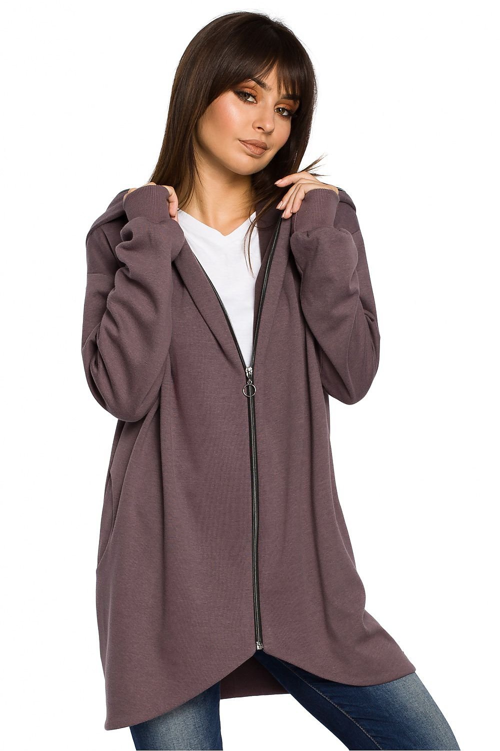 Oversized Zip-Up Sweatshirt with Large Hood, Side Pockets, and Drawstring Hem