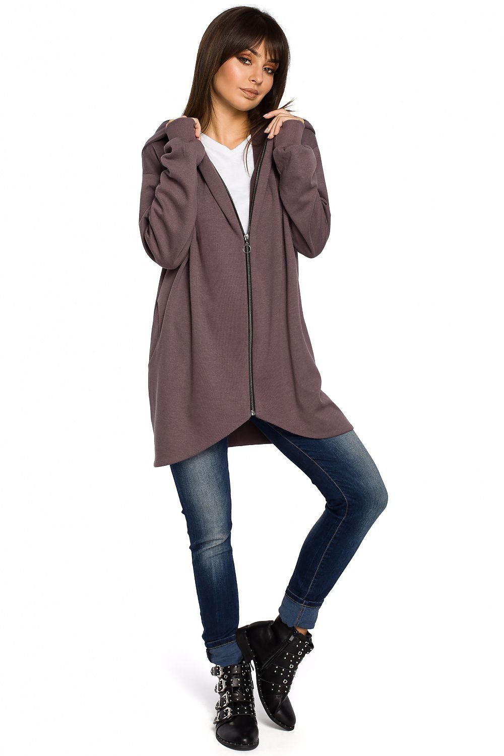 Oversized Zip-Up Sweatshirt with Large Hood, Side Pockets, and Drawstring Hem