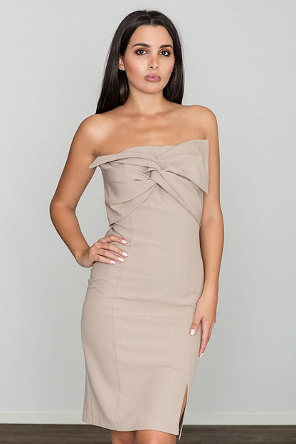 Fitted Stretch Dress with Open Shoulders and Front Bow