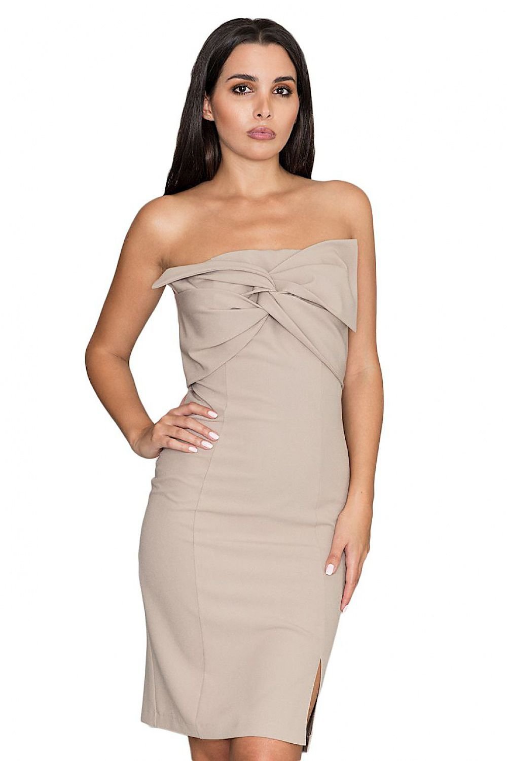 Fitted Stretch Dress with Open Shoulders and Front Bow