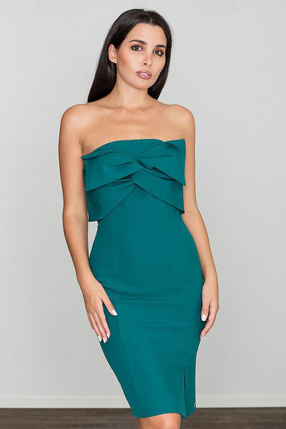 Fitted Stretch Dress with Open Shoulders and Front Bow