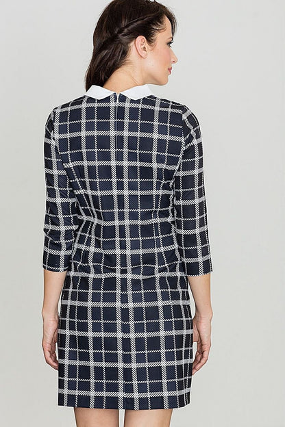 Classic midi dress featuring a geometric check pattern, decorative collar, and 3/4 sleeves. Ideal for work or casual everyday wear.