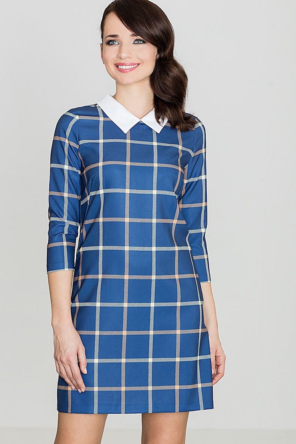 Classic midi dress featuring a geometric check pattern, decorative collar, and 3/4 sleeves. Ideal for work or casual everyday wear.