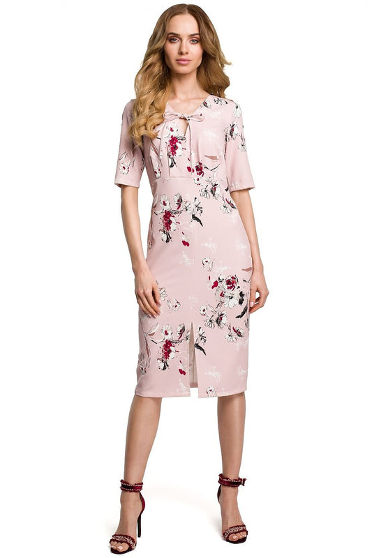 Robe classique à imprimé floral avec décolleté en V, détails noués et fermeture éclair dissimulée