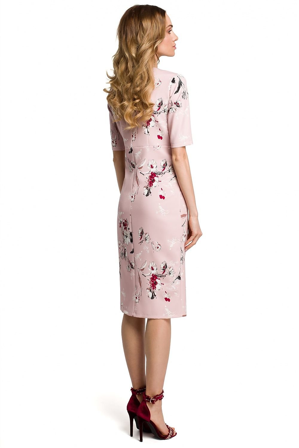 Robe classique à imprimé floral avec décolleté en V, détails noués et fermeture éclair dissimulée