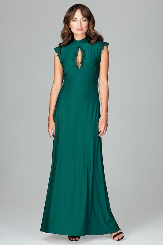 An elegant maxi dress fitted at the waist with slight flare at the bottom, featuring decorative frills on the shoulders and neckline, tied at the back, and buttoned at the top for a refined, feminine look.






