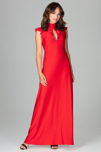 An elegant maxi dress fitted at the waist with slight flare at the bottom, featuring decorative frills on the shoulders and neckline, tied at the back, and buttoned at the top for a refined, feminine look.






