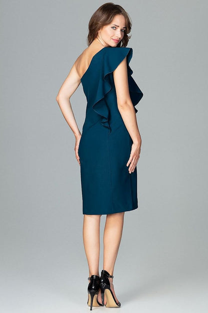 An elegant one-shoulder fitted dress with a ruffle detail and a zipper, designed to comfortably emphasize the figure.






