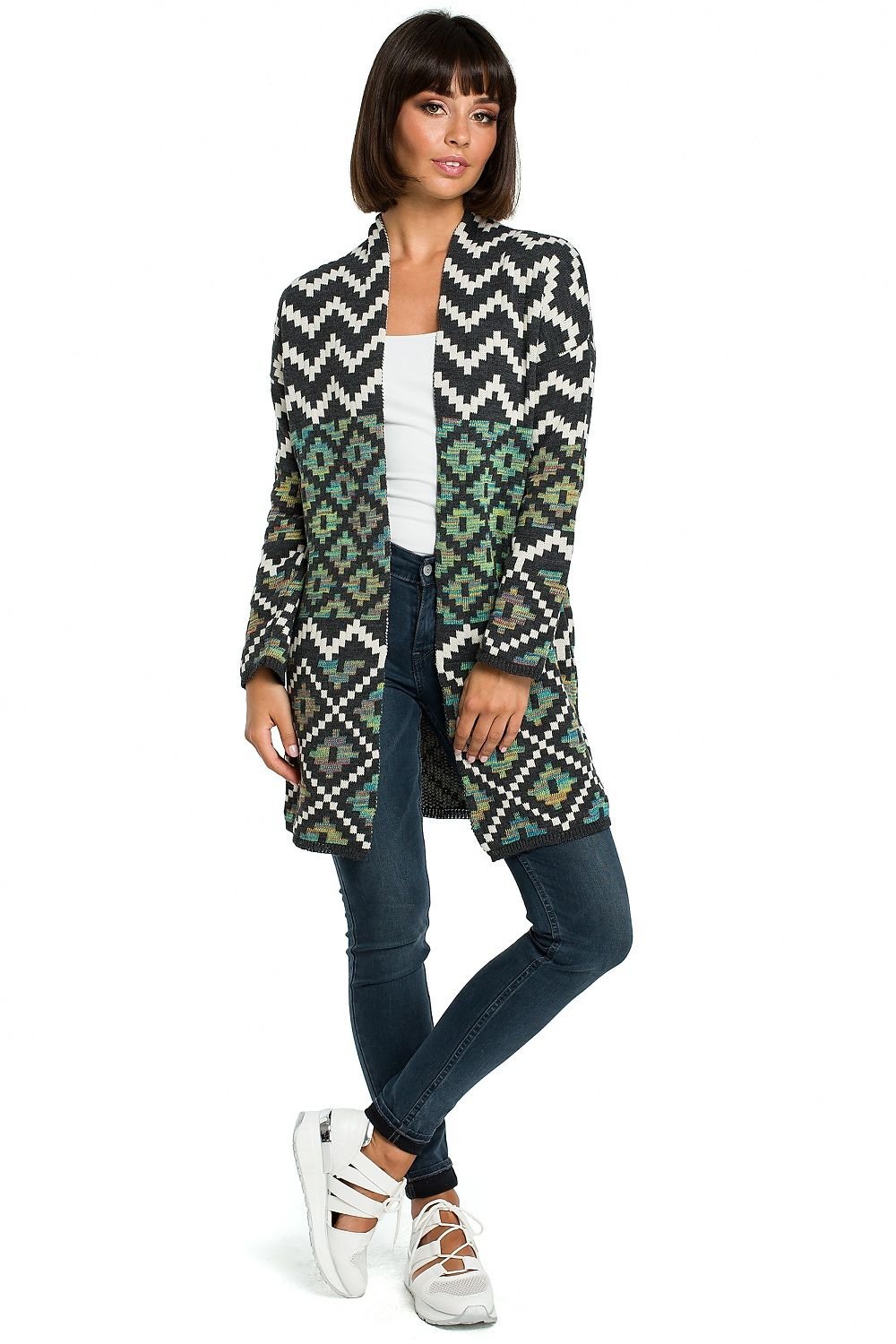 Cardigan déboutonné à motif aztèque avec poches latérales