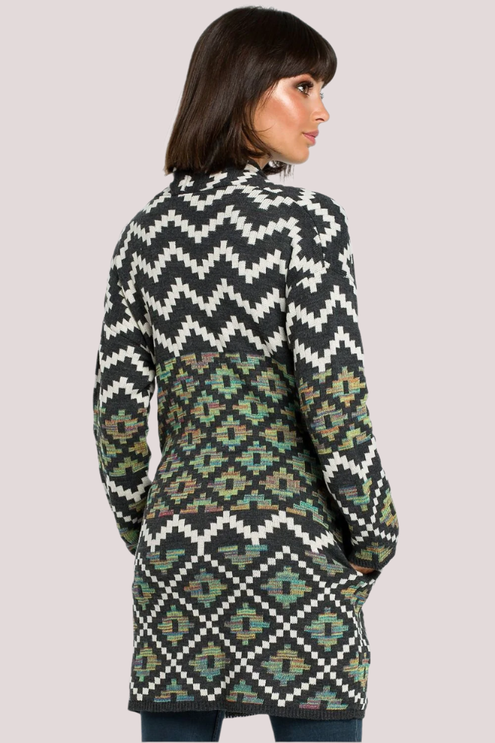 Cardigan déboutonné à motif aztèque avec poches latérales