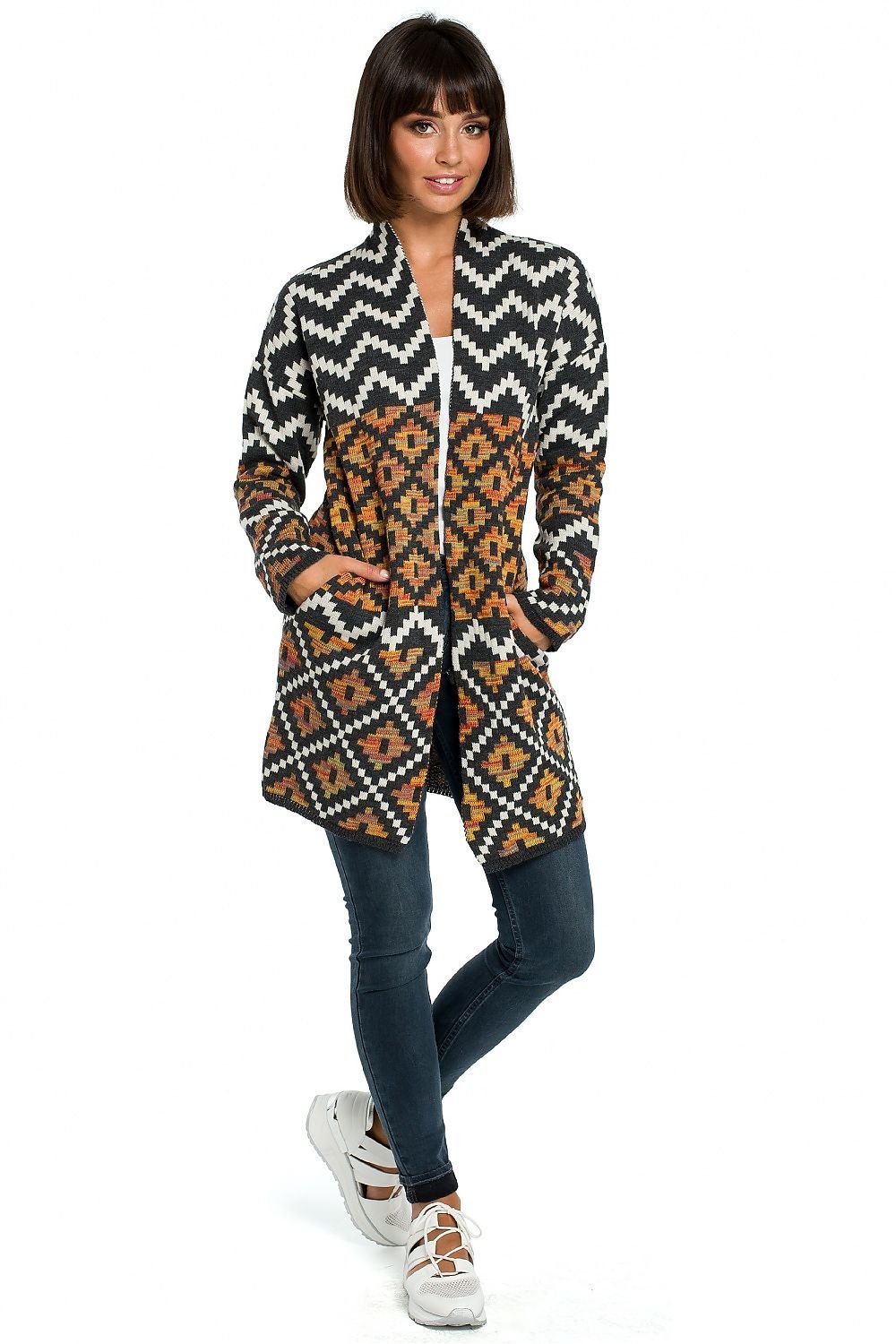 Cardigan déboutonné à motif aztèque avec poches latérales