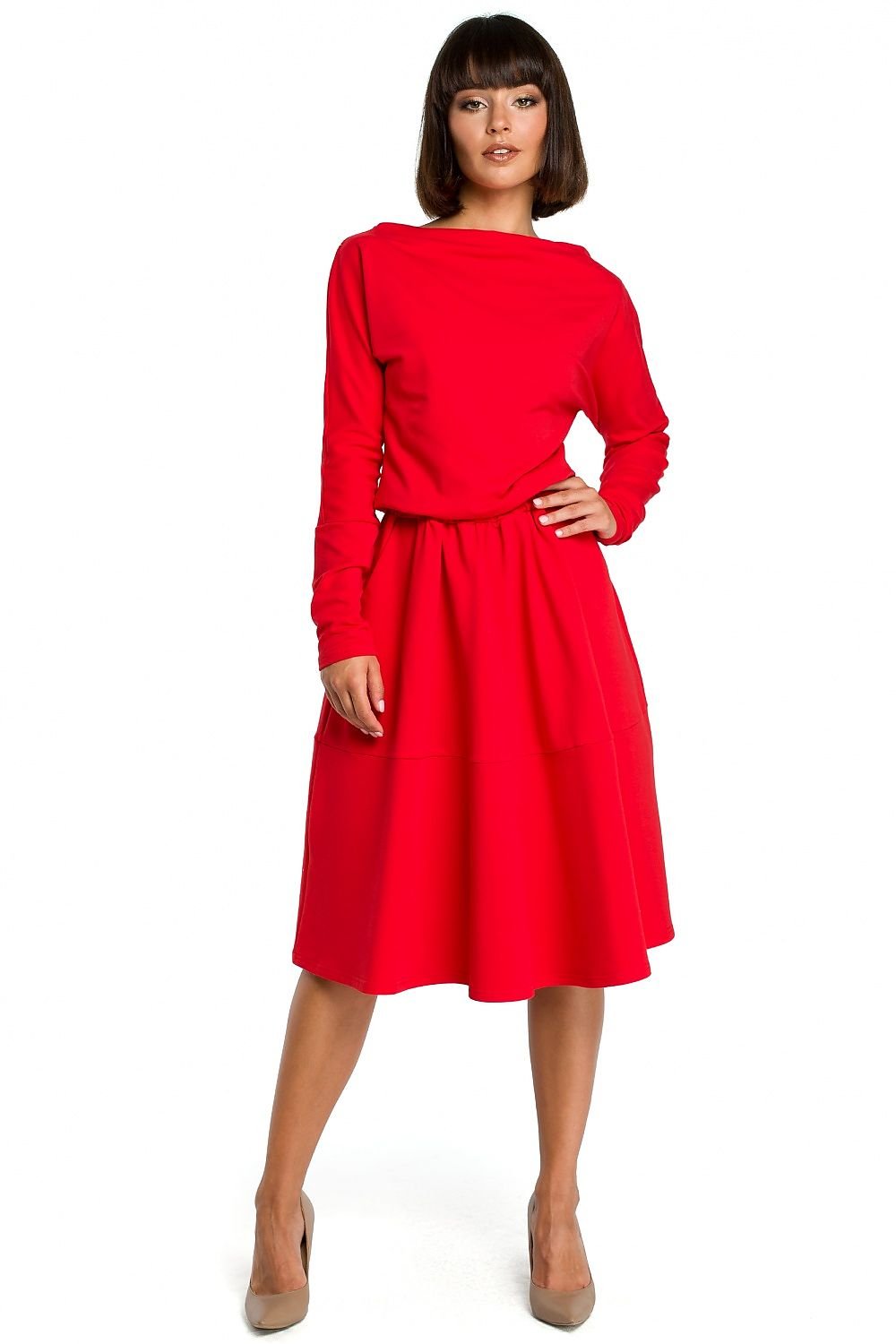 Flared Midi Dress with Waterfall Neckline and Pockets